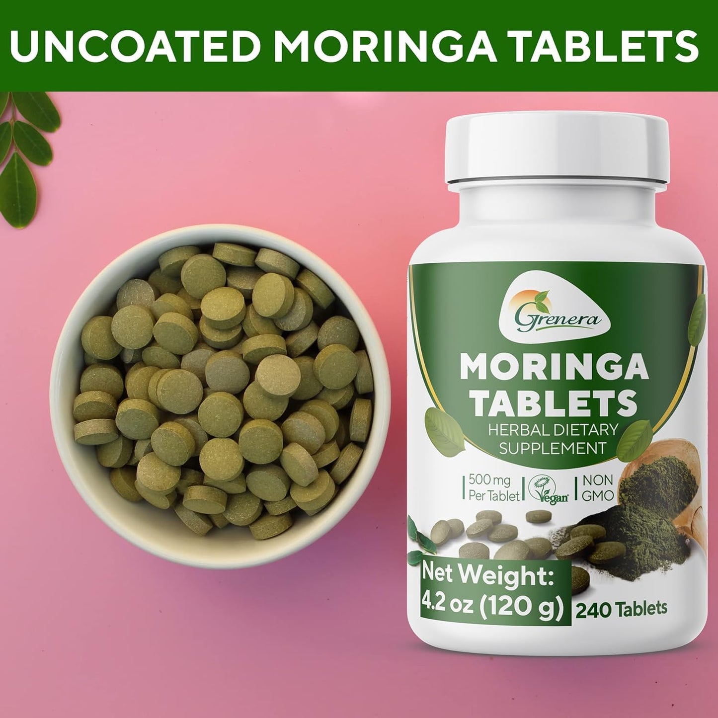240 Uncoated Grenera Moringa Tablets - Pure Malunggay Herbal Supplement, Green Superfood, Lab Tested for Purity, No Chemical Coating