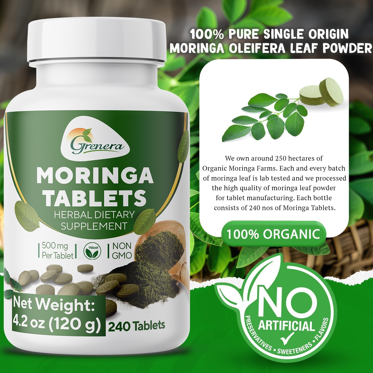 240 Uncoated Grenera Moringa Tablets - Pure Malunggay Herbal Supplement, Green Superfood, Lab Tested for Purity, No Chemical Coating