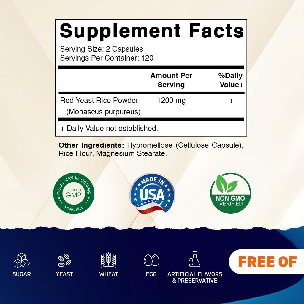 240 Veg Capsules Vitamatic Red Yeast Rice Supplement - 1200mg Per Serving - Non-GMO & Gluten Free - USA Made