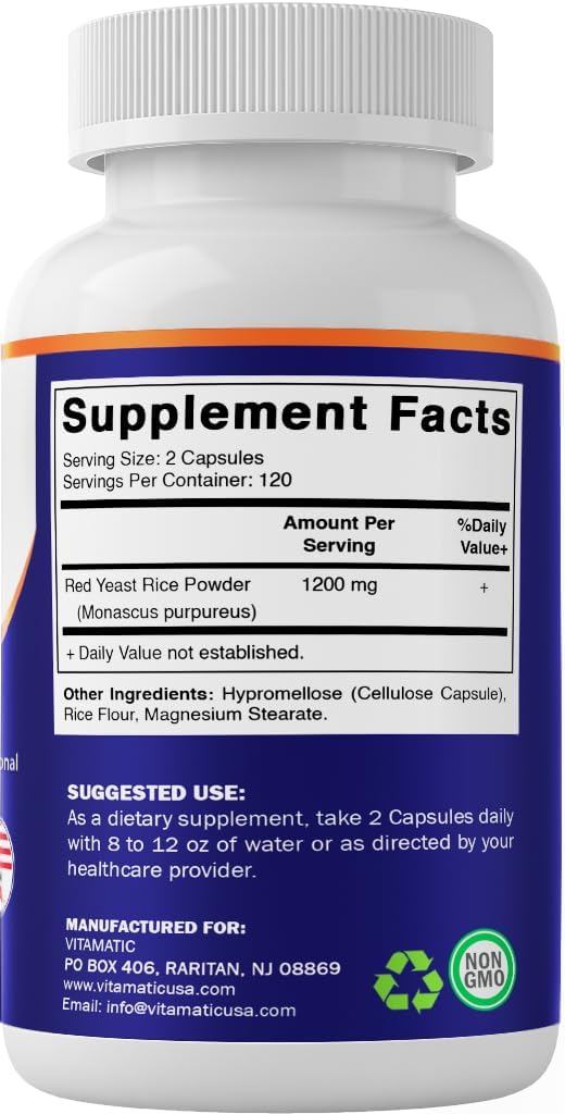 240 Veg Capsules Vitamatic Red Yeast Rice Supplement - 1200mg Per Serving - Non-GMO & Gluten Free - USA Made