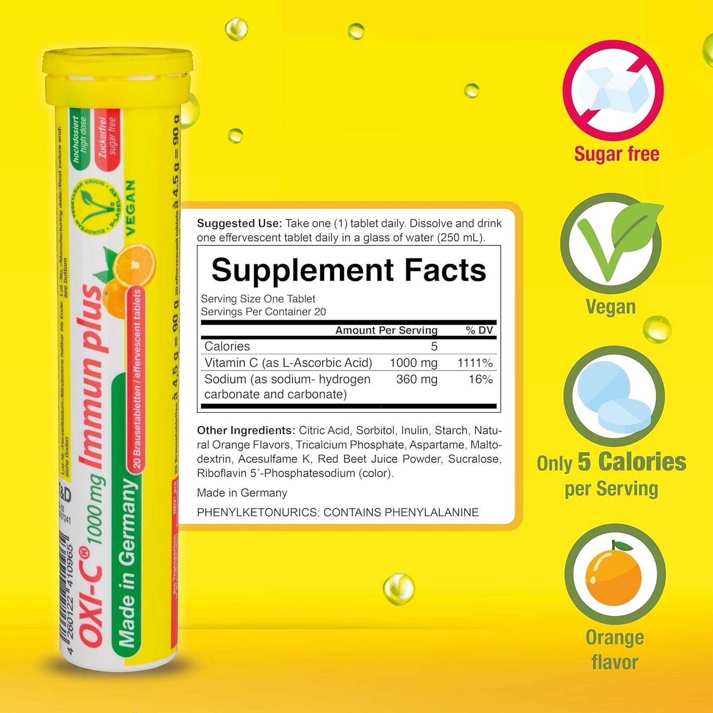240 Vegan Orange Flavored Effervescent Vitamin C Tablets - 1000 mg - Made in Germany