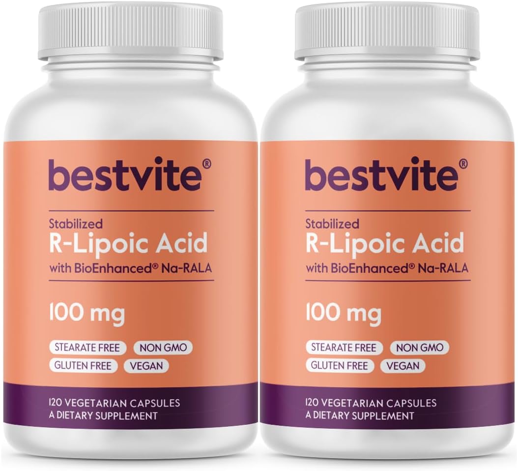 240 Vegetarian Capsules of Bestvite R-Lipoic Acid 100mg with Bio-Enhanced® Na-RLA - Vegan, Non-GMO, Gluten Free - Pack of 2 (120 Capsules Each)
