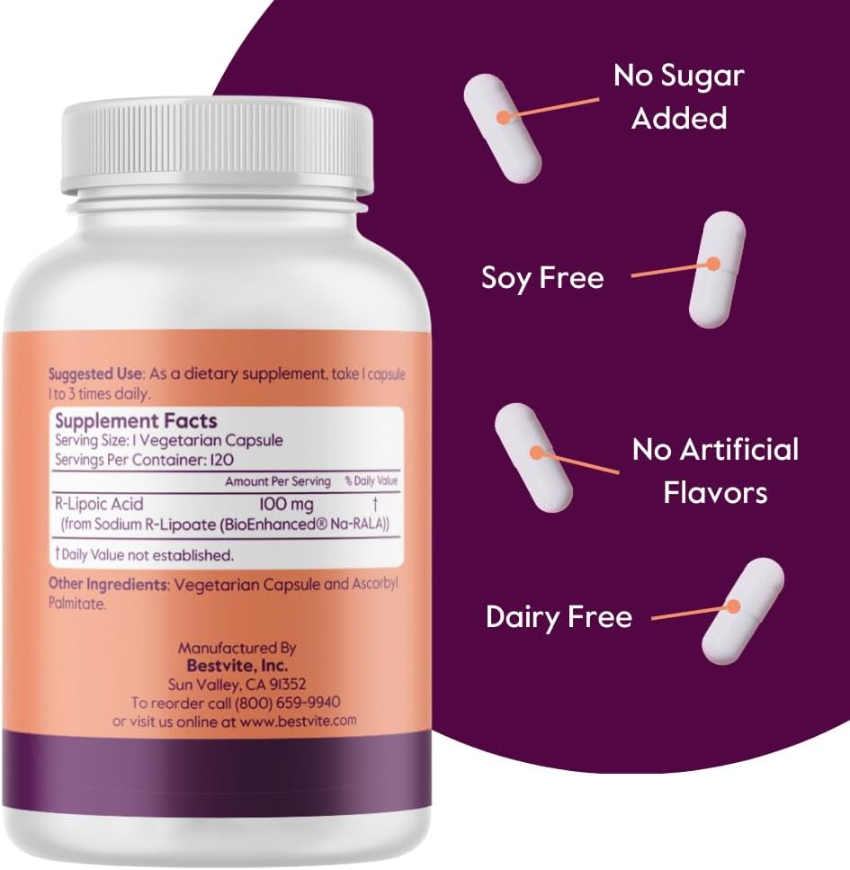 240 Vegetarian Capsules of Bestvite R-Lipoic Acid 100mg with Bio-Enhanced® Na-RLA - Vegan, Non-GMO, Gluten Free - Pack of 2 (120 Capsules Each)