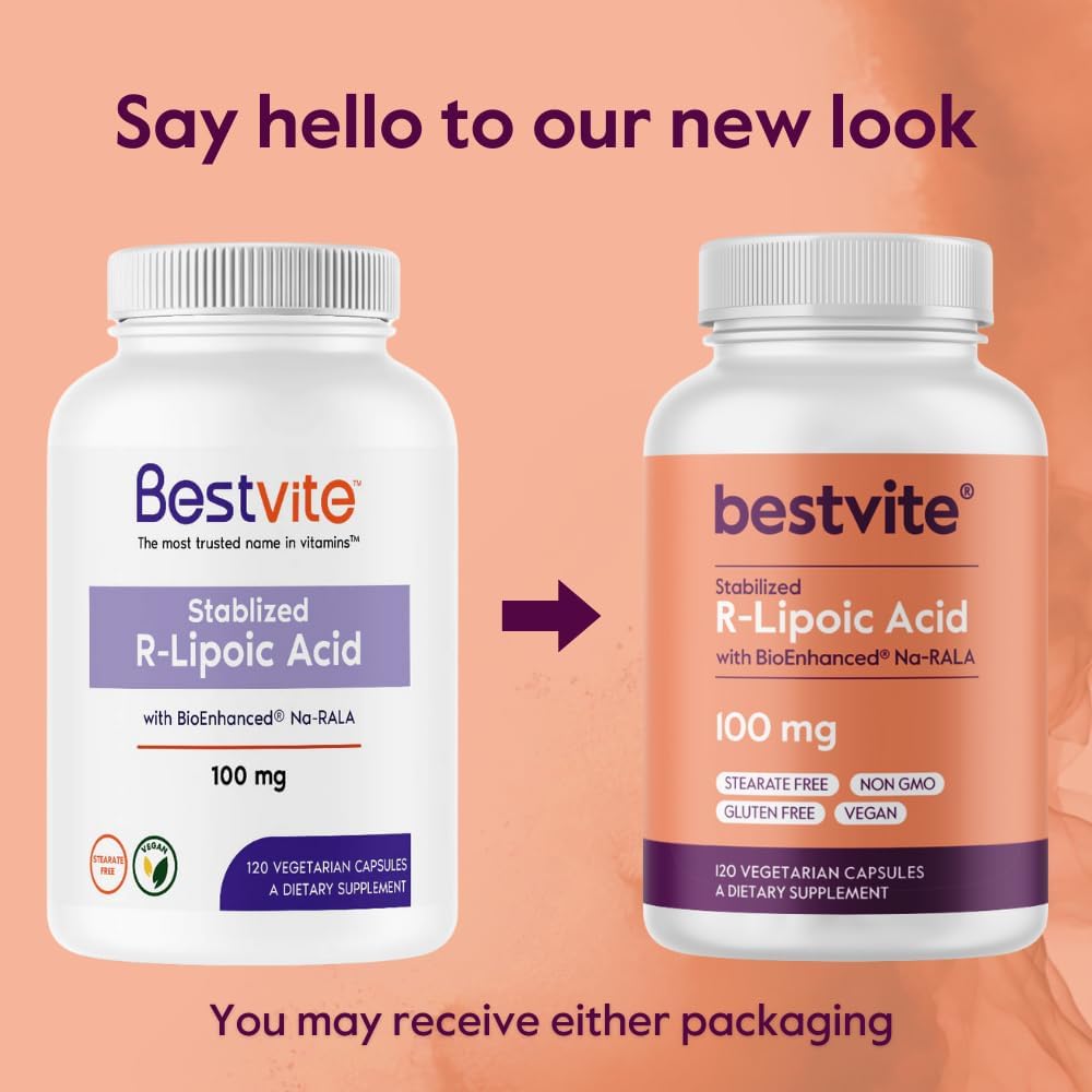 240 Vegetarian Capsules of Bestvite R-Lipoic Acid 100mg with Bio-Enhanced® Na-RLA - Vegan, Non-GMO, Gluten Free - Pack of 2 (120 Capsules Each)
