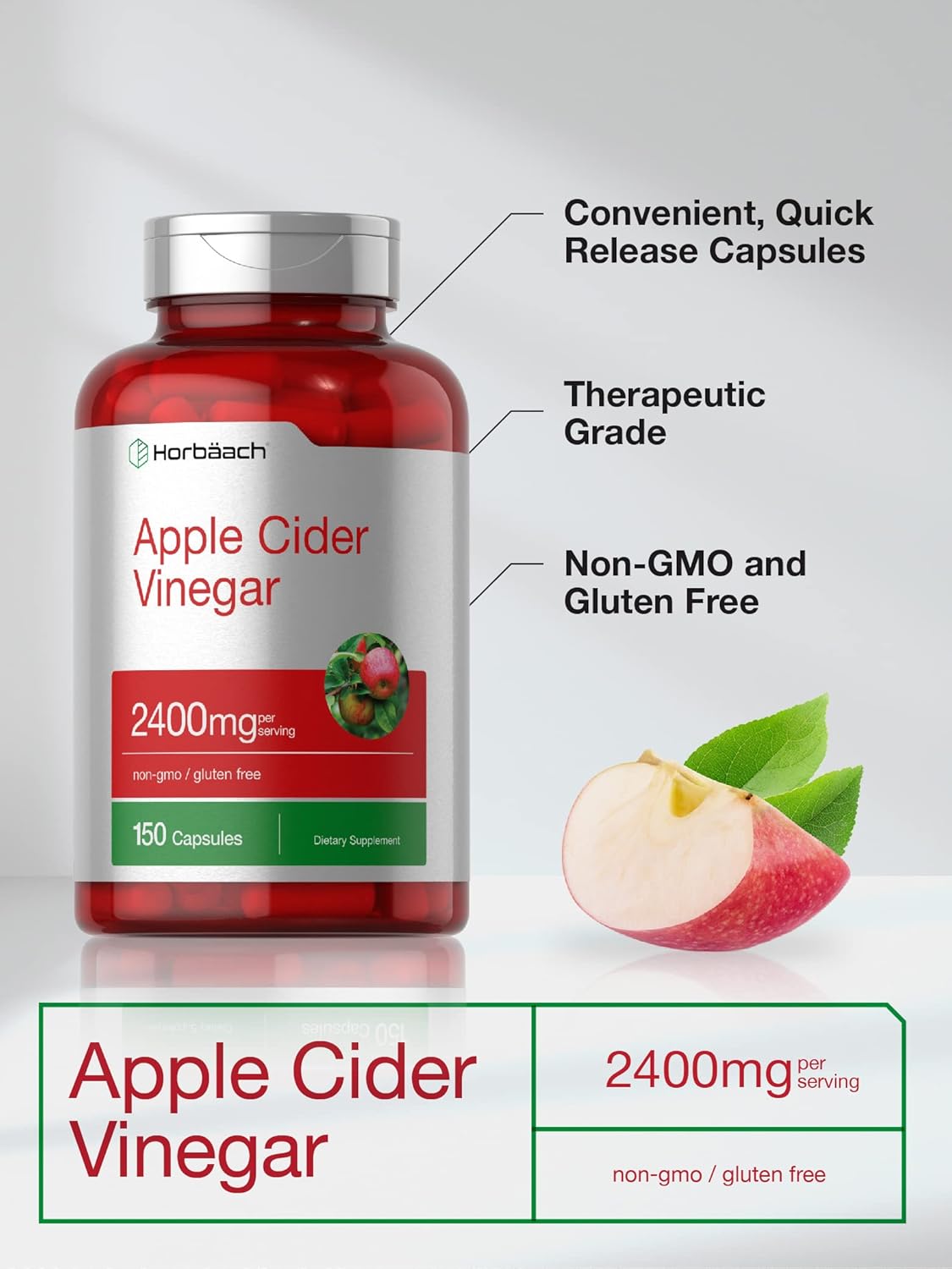 2400mg Apple Cider Vinegar Capsules - 150 Count Non-GMO & Gluten Free Supplement by Horbäach
