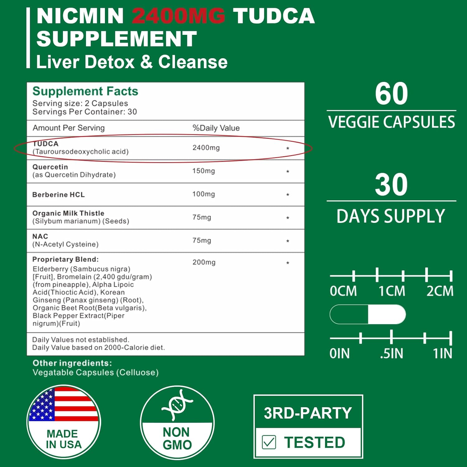 2400MG NICMIN TUDCA Supplements for Liver Detox & Gallbladder Cleanse - 180 Capsules