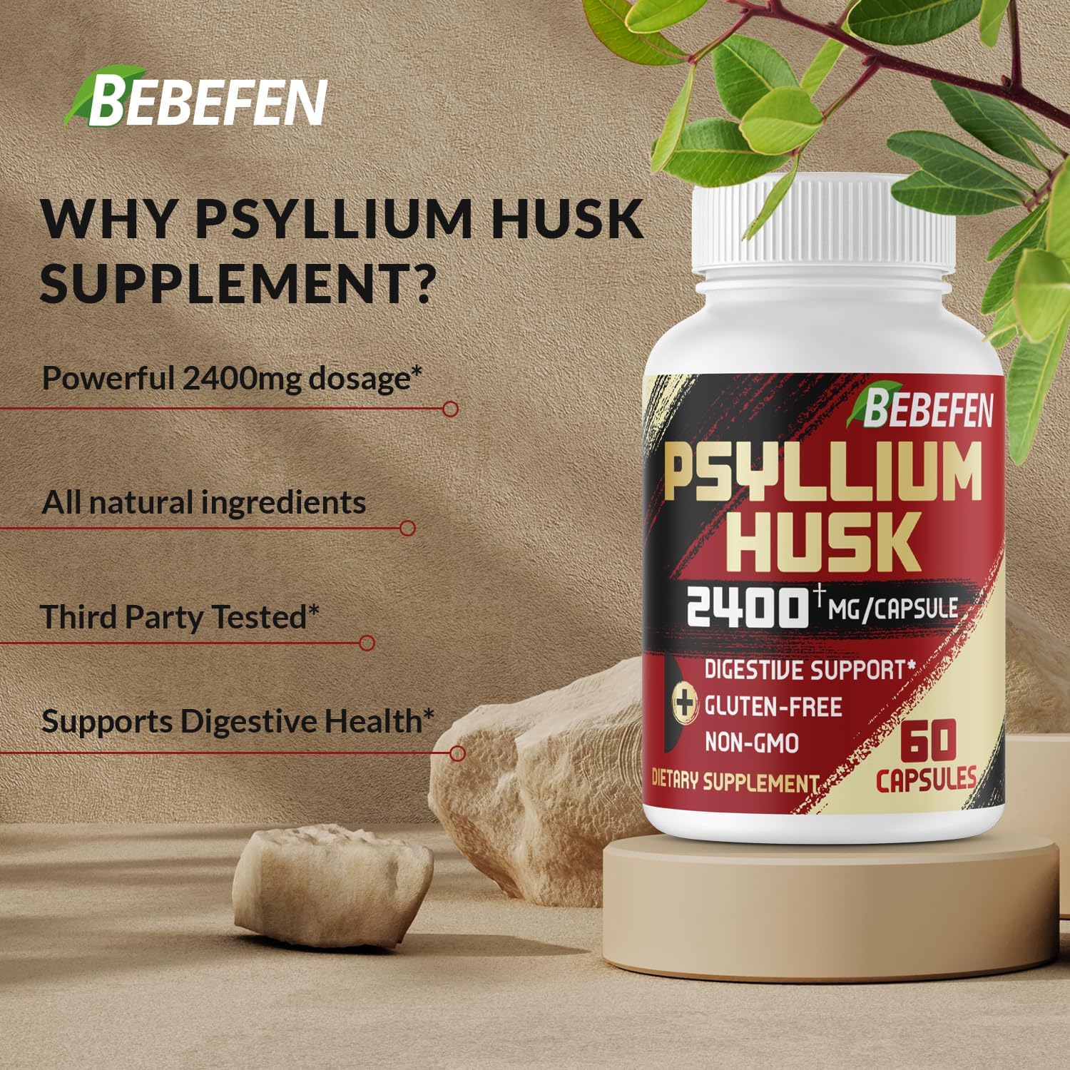 2400mg Psyllium Husk Capsules with Black Pepper - 60 Day Supply - Soluble Fiber for Gut Health - Non-GMO & Gluten-Free