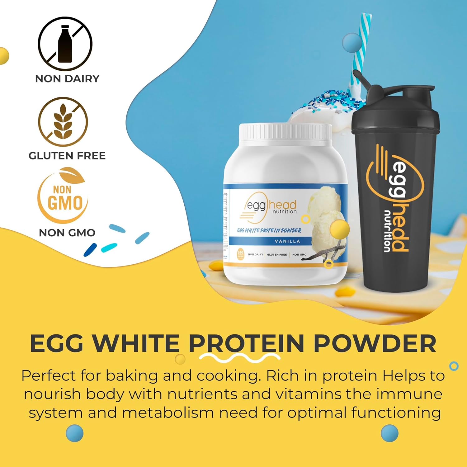 24g Egg White Protein Powder - Non Dairy, Gluten Free, Non GMO - Made in USA (Vanilla) - Egghead Nutrition
