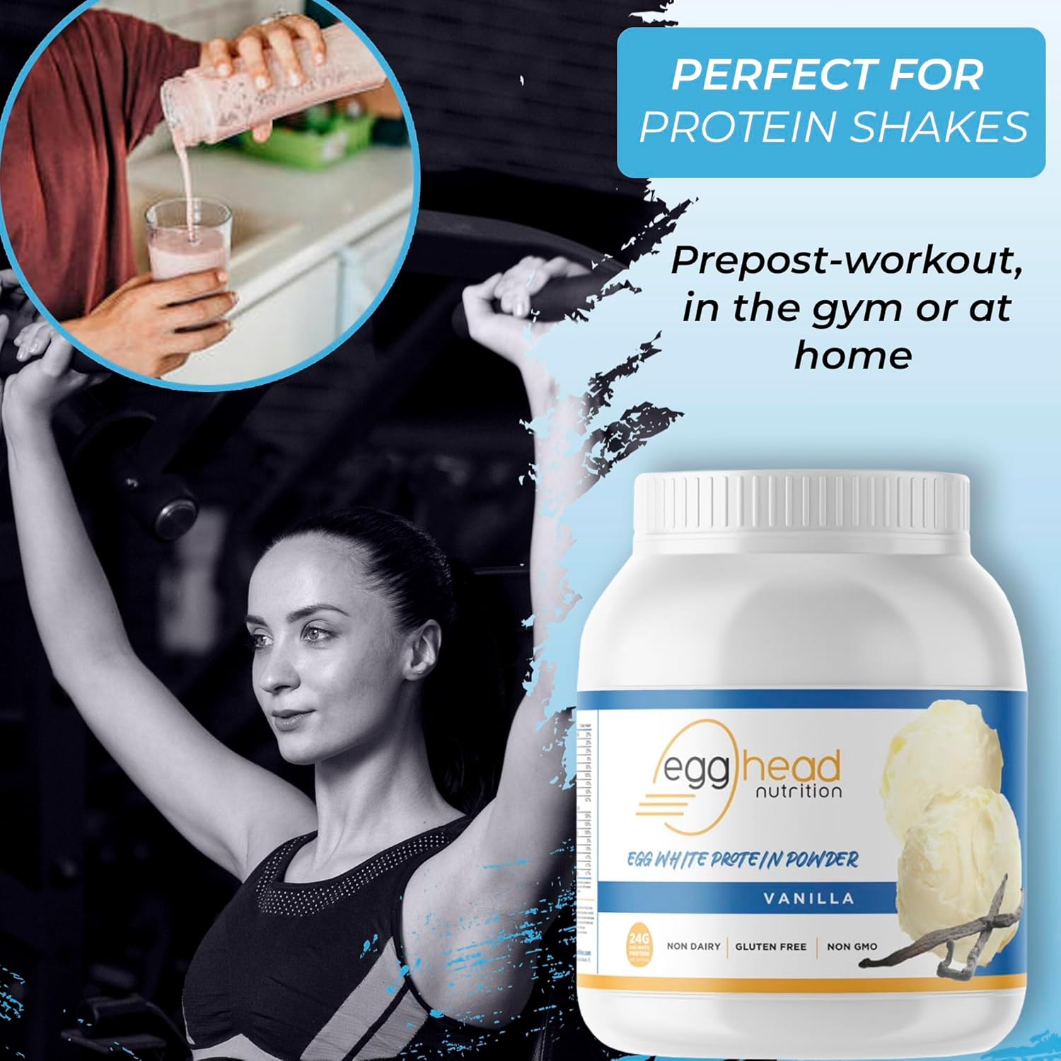 24g Egg White Protein Powder - Non Dairy, Gluten Free, Non GMO - Made in USA (Vanilla) - Egghead Nutrition