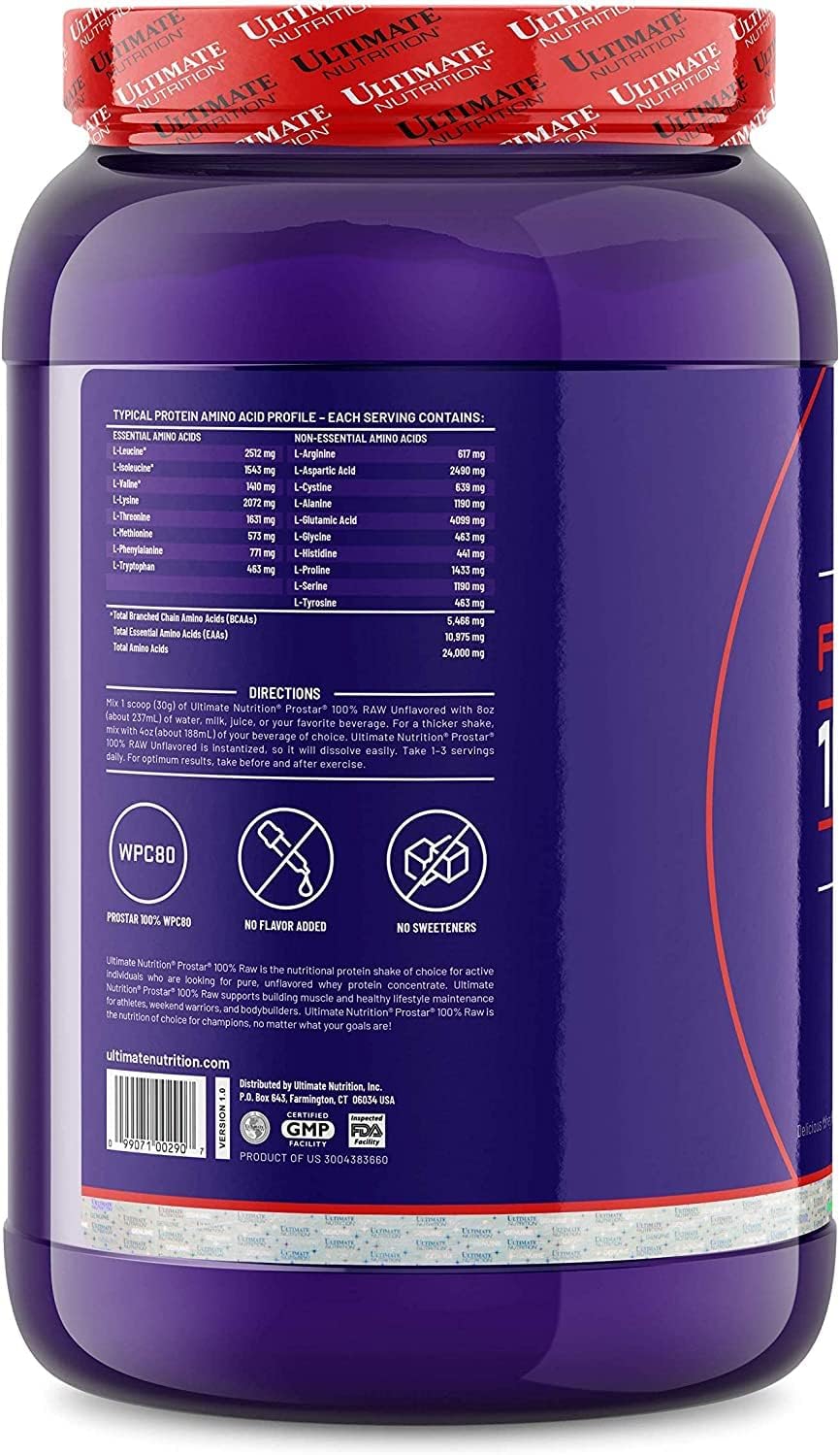 24g Protein Per Serving Ultimate Nutrition RAW Whey Protein Concentrate Powder - Unflavored, 2.2lbs