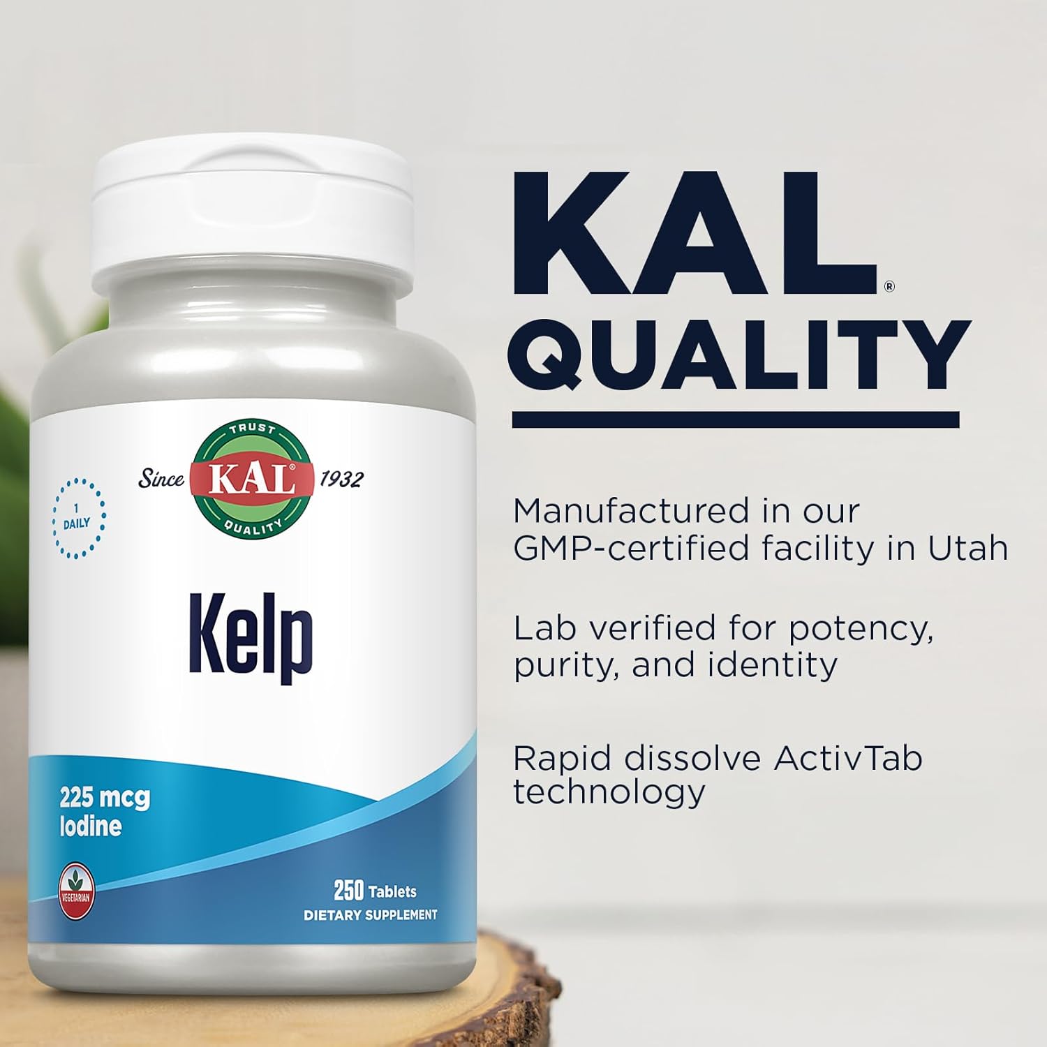 250 Count KAL 225 Mcg Kelp Iodine Tablets - Natural Iodine Supplement for Thyroid Health