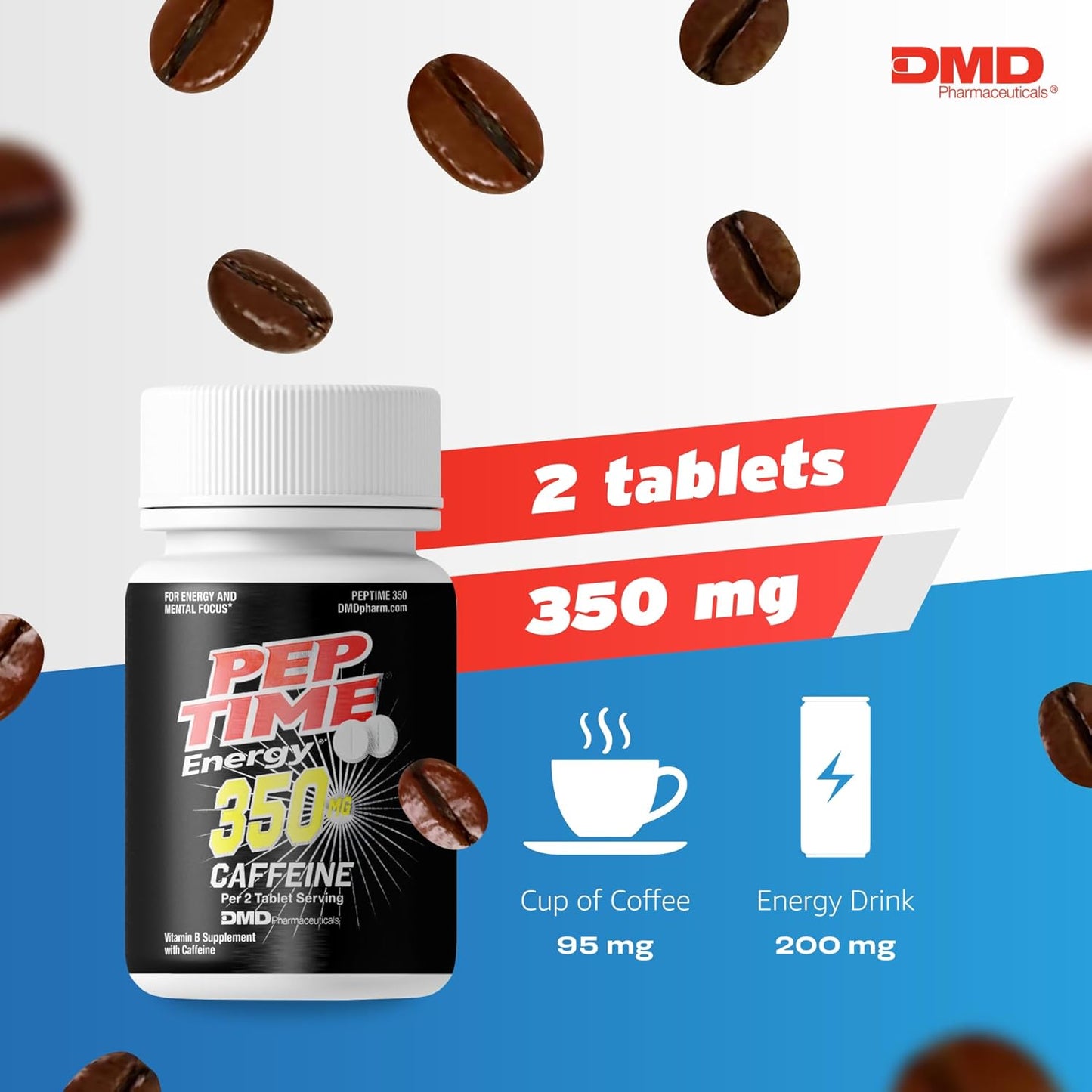 250 Count PEPTIME Energy Tablets with Vitamin B6, B12 & 350mg Caffeine - Performance & Focus Supplement