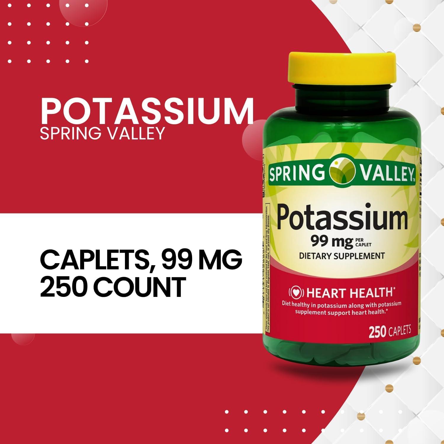 250 Count Potassium Caplets for Heart Health - 99 mg Supplement Pack of 1