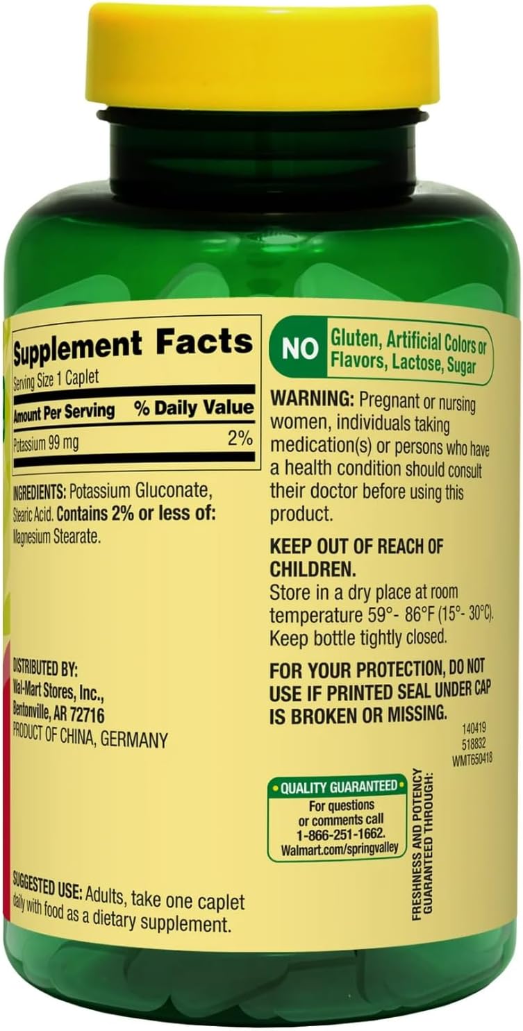 250 Count Potassium Caplets for Heart Health - 99 mg Supplement Pack of 1