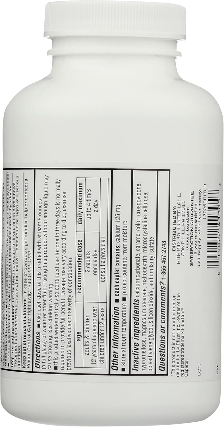 250 Count Rite Aid Fiber Therapy Caplets, Calcium Polycarbophil 625mg - Laxatives for Adults with Constipation