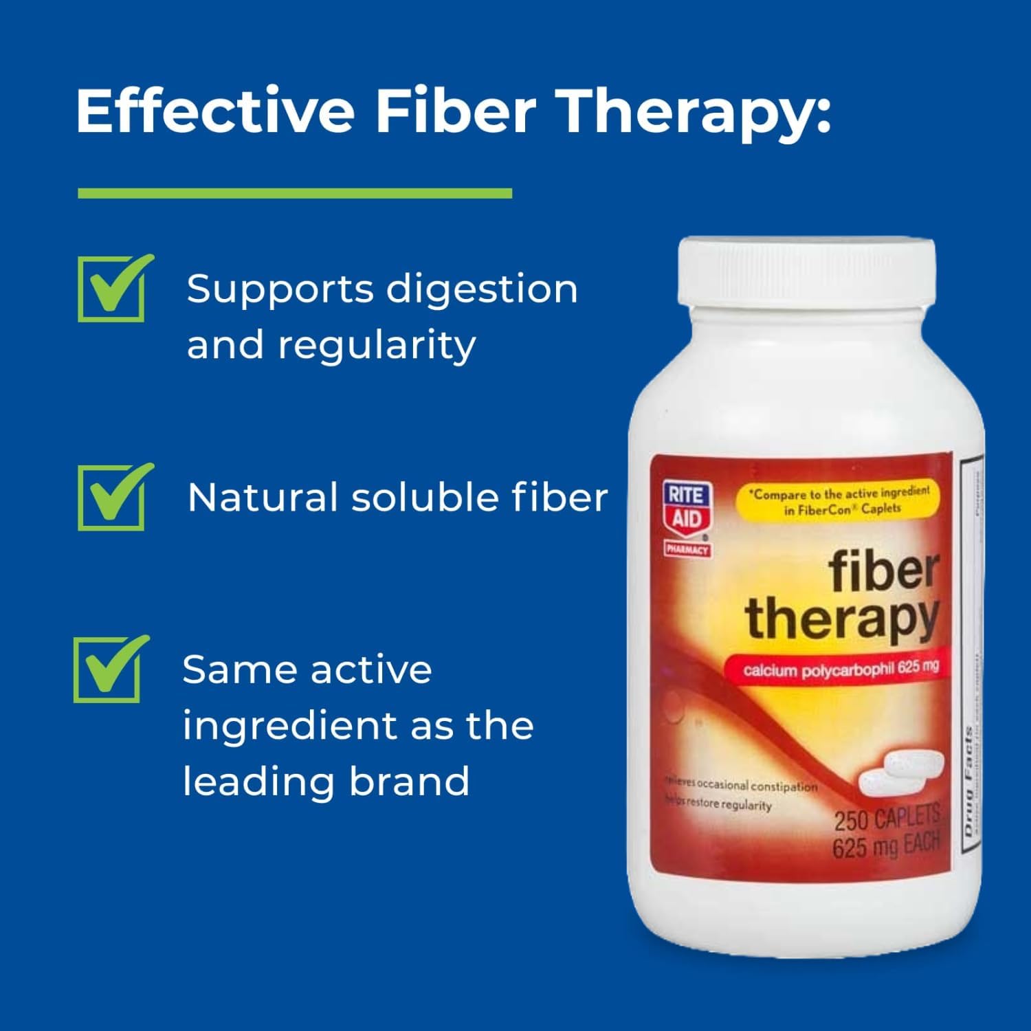 250 Count Rite Aid Fiber Therapy Caplets, Calcium Polycarbophil 625mg - Laxatives for Adults with Constipation