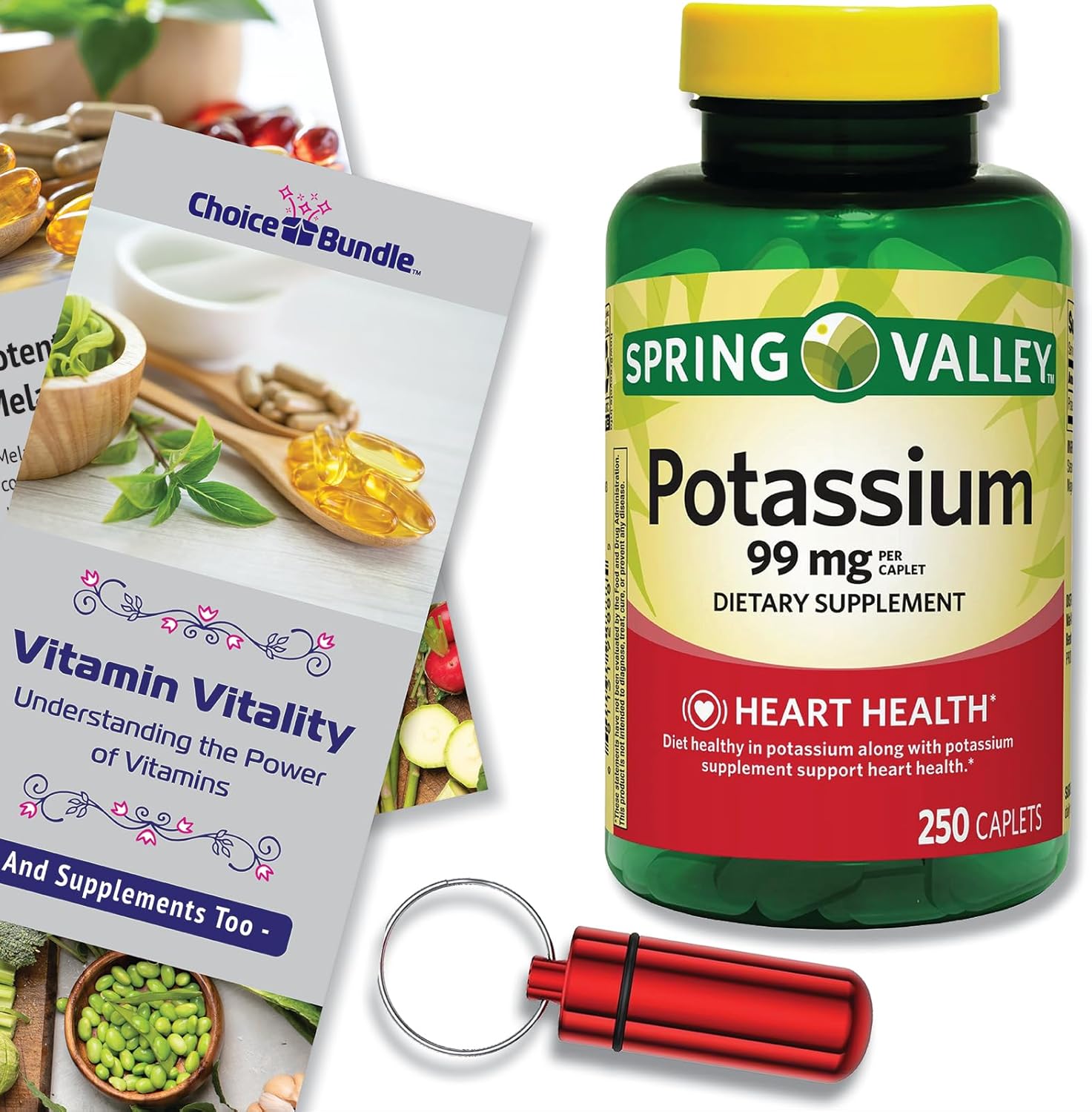 250 CT Spring Valley Potassium Caplets 99mg Bundle for Heart Health + Bonus Vitamin Guide & Pill Container