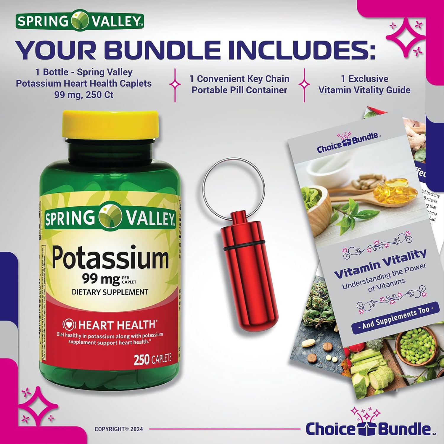 250 CT Spring Valley Potassium Caplets 99mg Bundle for Heart Health + Bonus Vitamin Guide & Pill Container