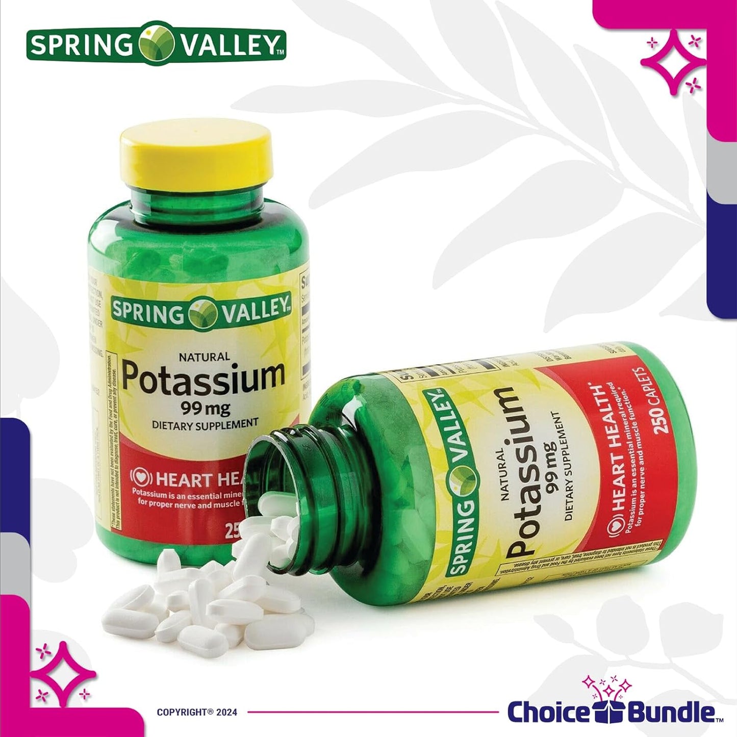 250 CT Spring Valley Potassium Caplets 99mg Bundle for Heart Health + Bonus Vitamin Guide & Pill Container