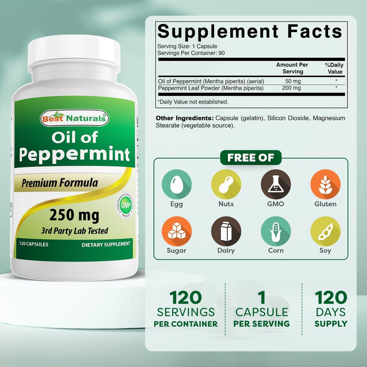 250 mg Peppermint Oil Dietary Supplement for Bowel Soothing - 120 Count by Best Naturals
