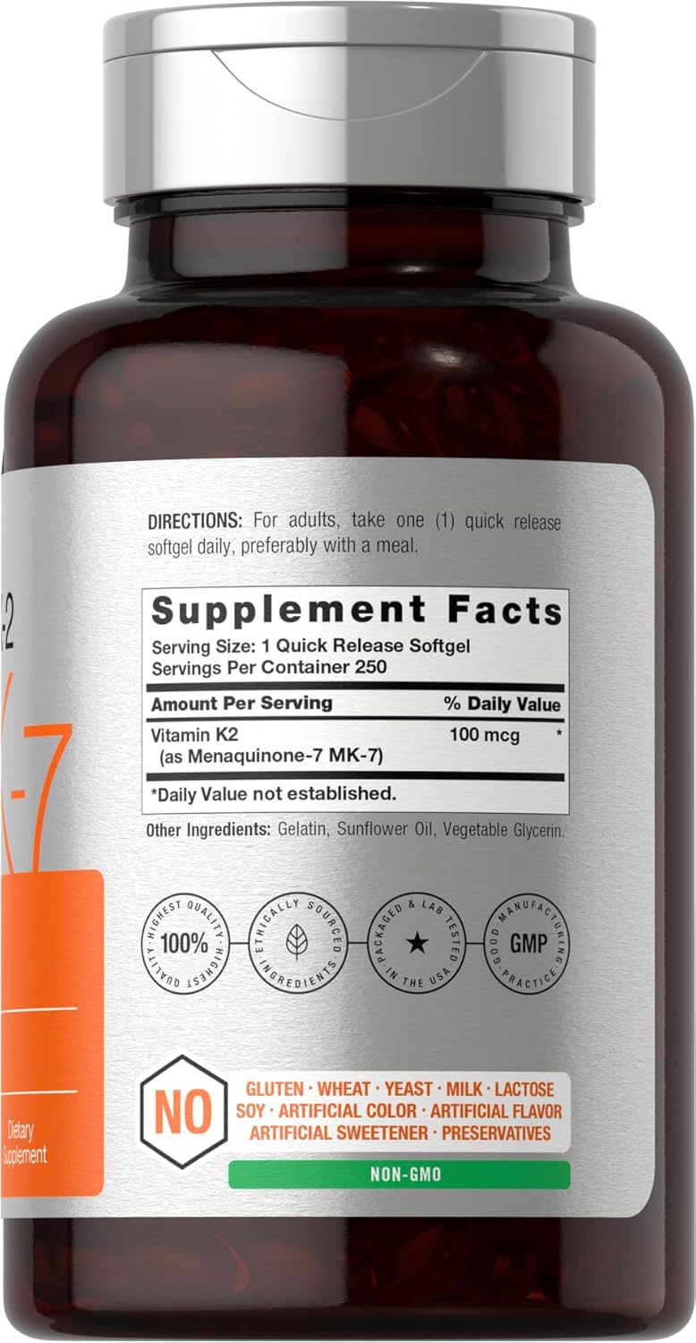 250 Non-GMO, Gluten Free Horbäach Vitamin K2 MK7 100mcg Softgels - Dietary Supplement