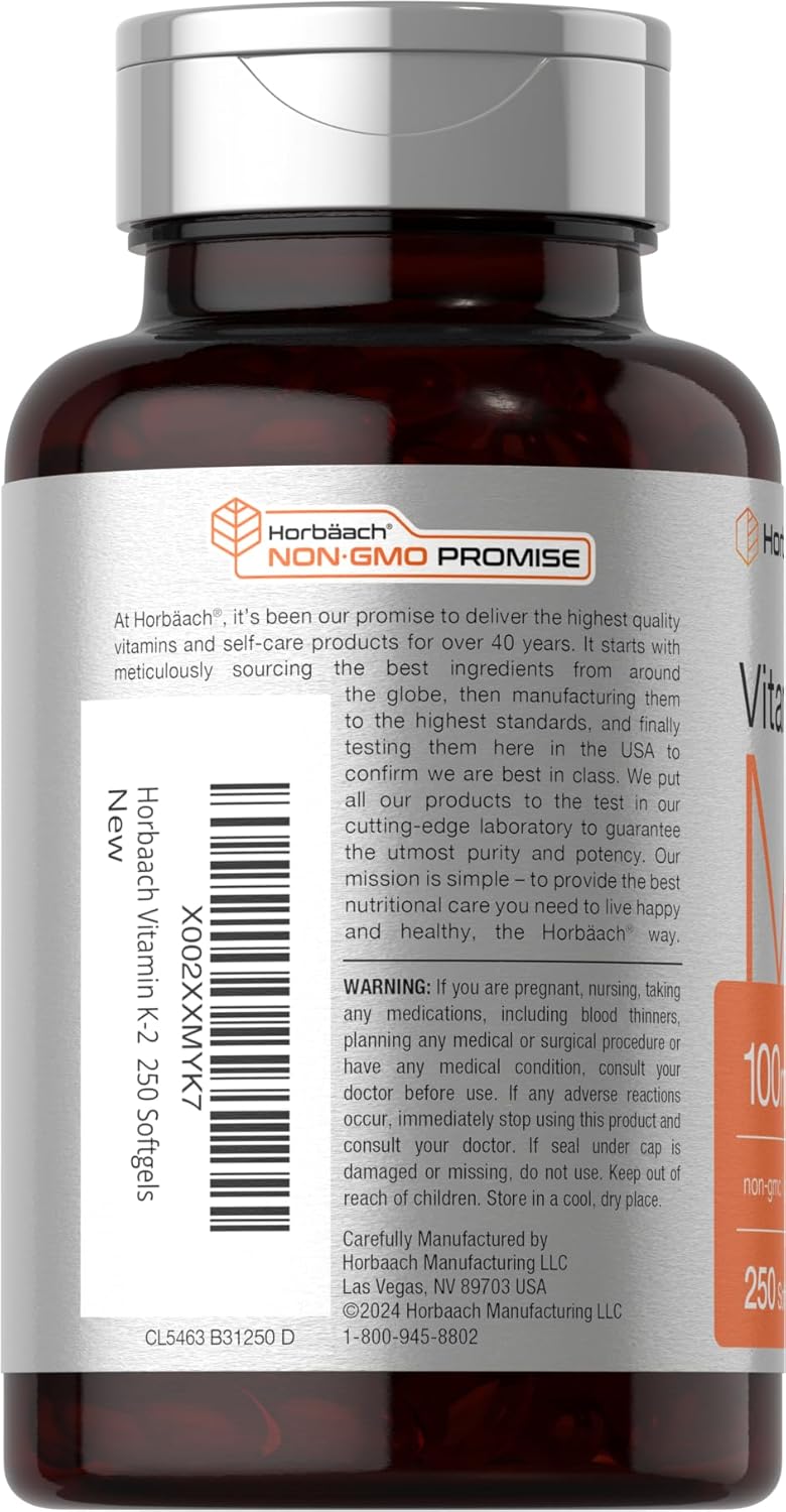 250 Non-GMO, Gluten Free Horbäach Vitamin K2 MK7 100mcg Softgels - Dietary Supplement