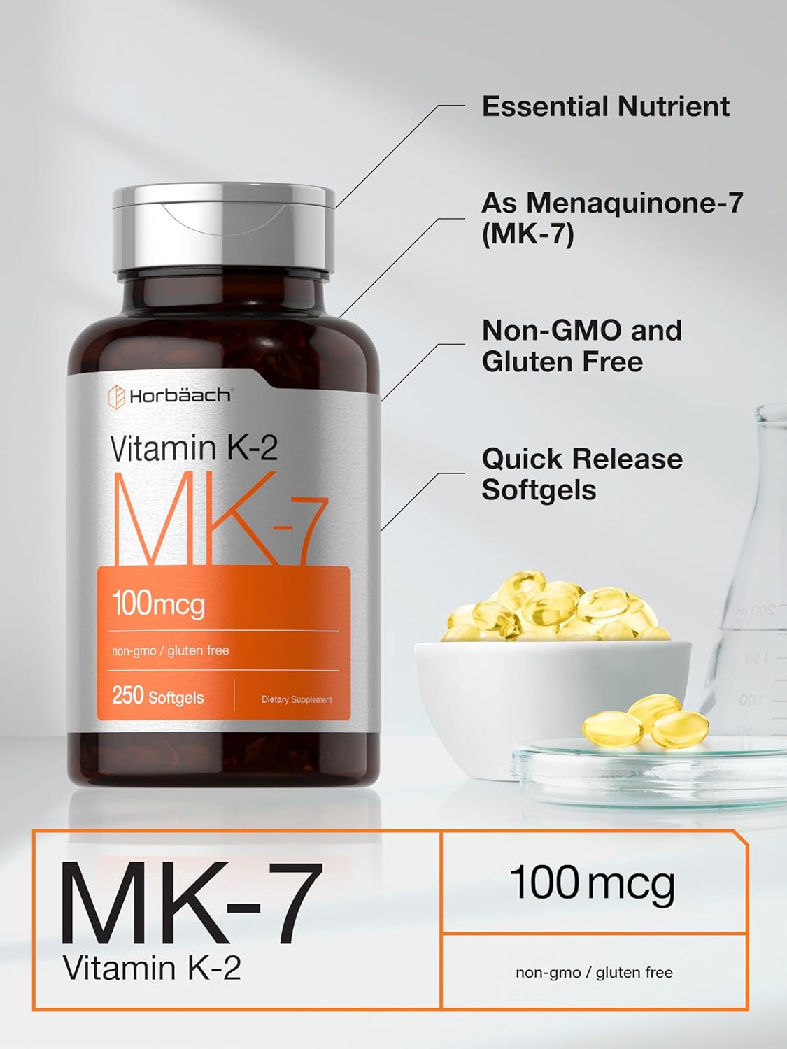 250 Non-GMO, Gluten Free Horbäach Vitamin K2 MK7 100mcg Softgels - Dietary Supplement