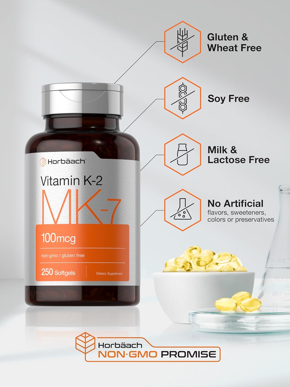 250 Non-GMO, Gluten Free Horbäach Vitamin K2 MK7 100mcg Softgels - Dietary Supplement