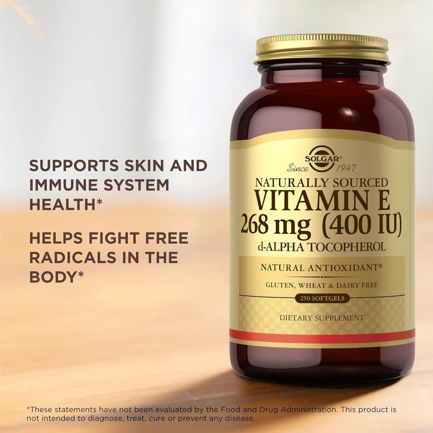 250 Softgels of SOLGAR Vitamin E 268 mg (400 IU) - Naturally-Sourced d-Alpha Tocopherol - Gluten and Dairy Free - 250 Servings