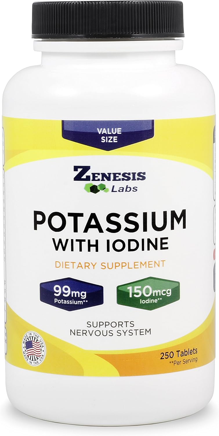 250 Tablets of Zenesis Labs Potassium Gluconate 99mg with Iodine from Kelp - Bulk Size