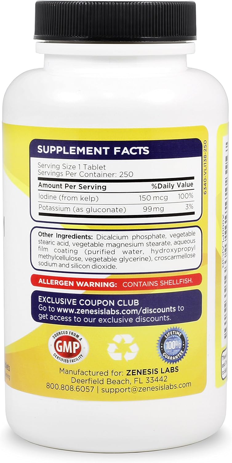 250 Tablets of Zenesis Labs Potassium Gluconate 99mg with Iodine from Kelp - Bulk Size