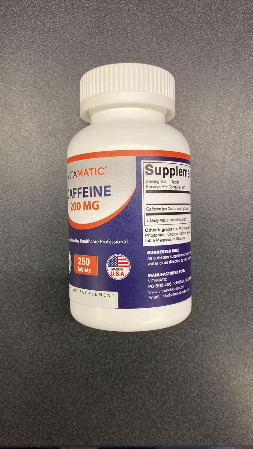 250 Vegetarian Tablets of Vitamatic Caffeine Pills with 200mg per Serving