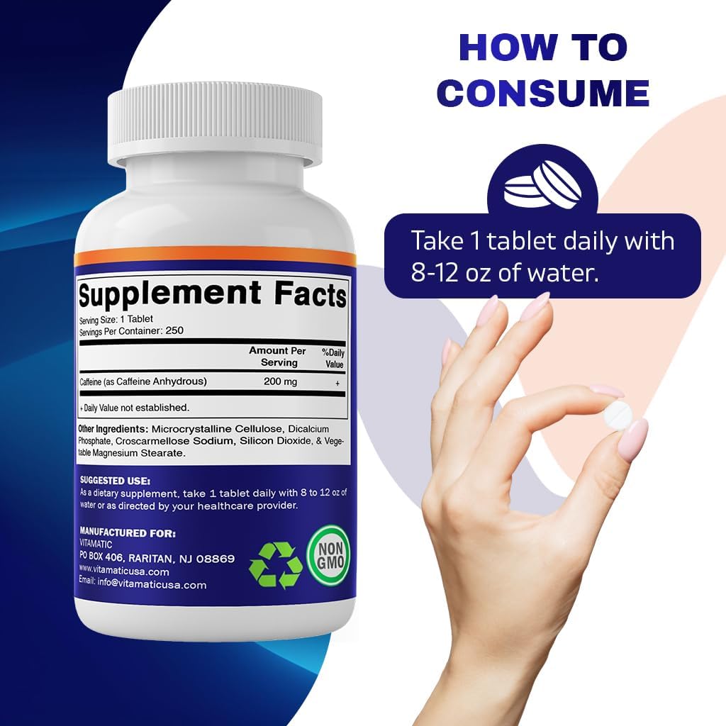 250 Vegetarian Tablets of Vitamatic Caffeine Pills with 200mg per Serving