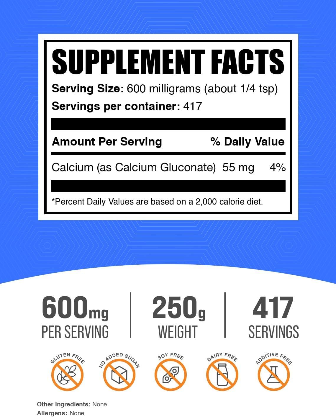 250g Bulk Calcium Gluconate Powder - Bone Health Supplement - Non-Fortified Calcium Powder - Gluconate Calcium Supplement (8.8 oz)
