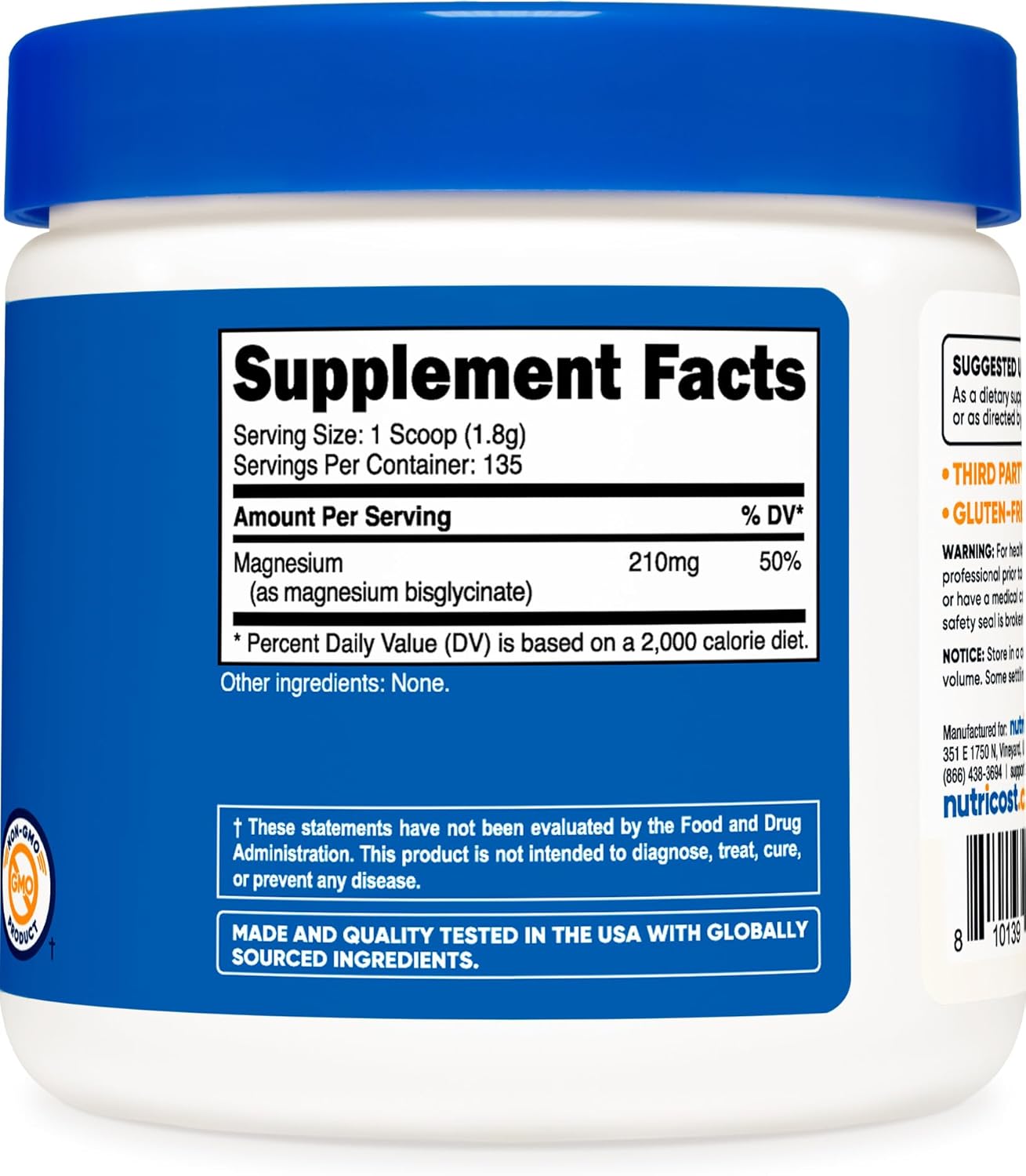 250g Nutricost Magnesium Glycinate Powder - Unflavored Formula