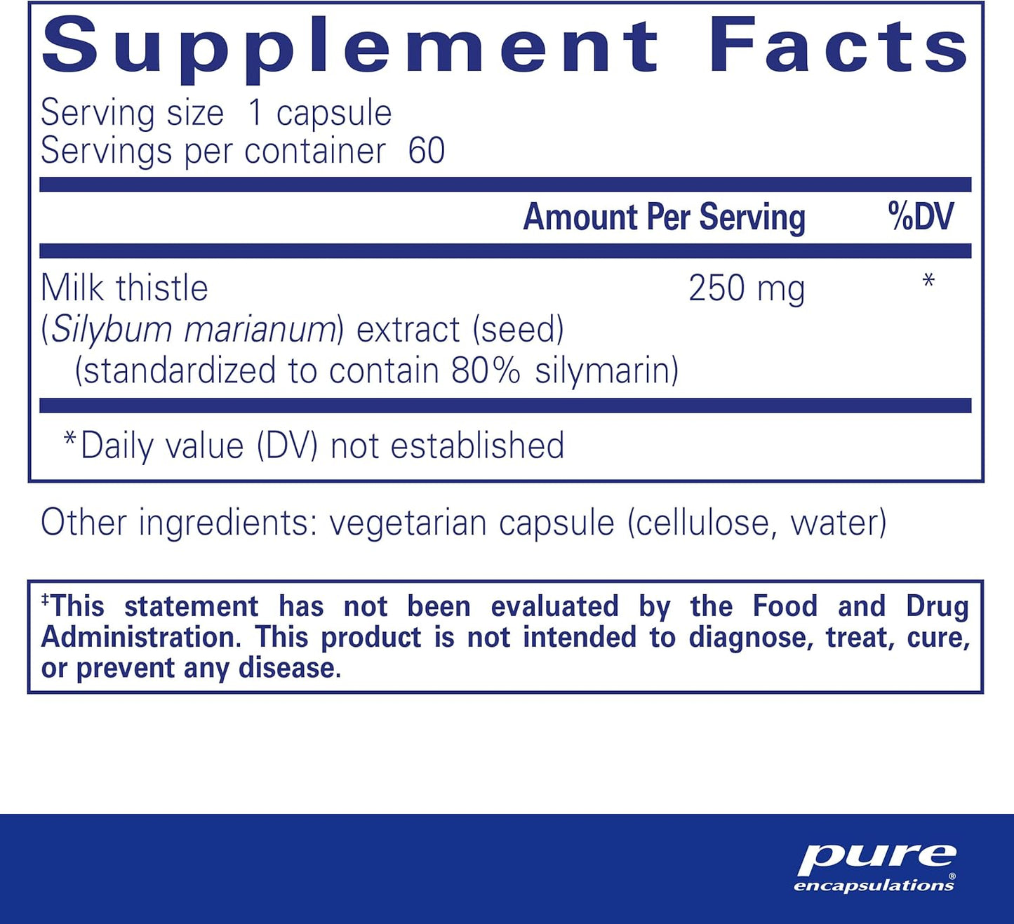 250mg Silymarin Milk Thistle Capsules for Liver Health - Antioxidant Support - Non-GMO Vegan Supplement - 60 Count