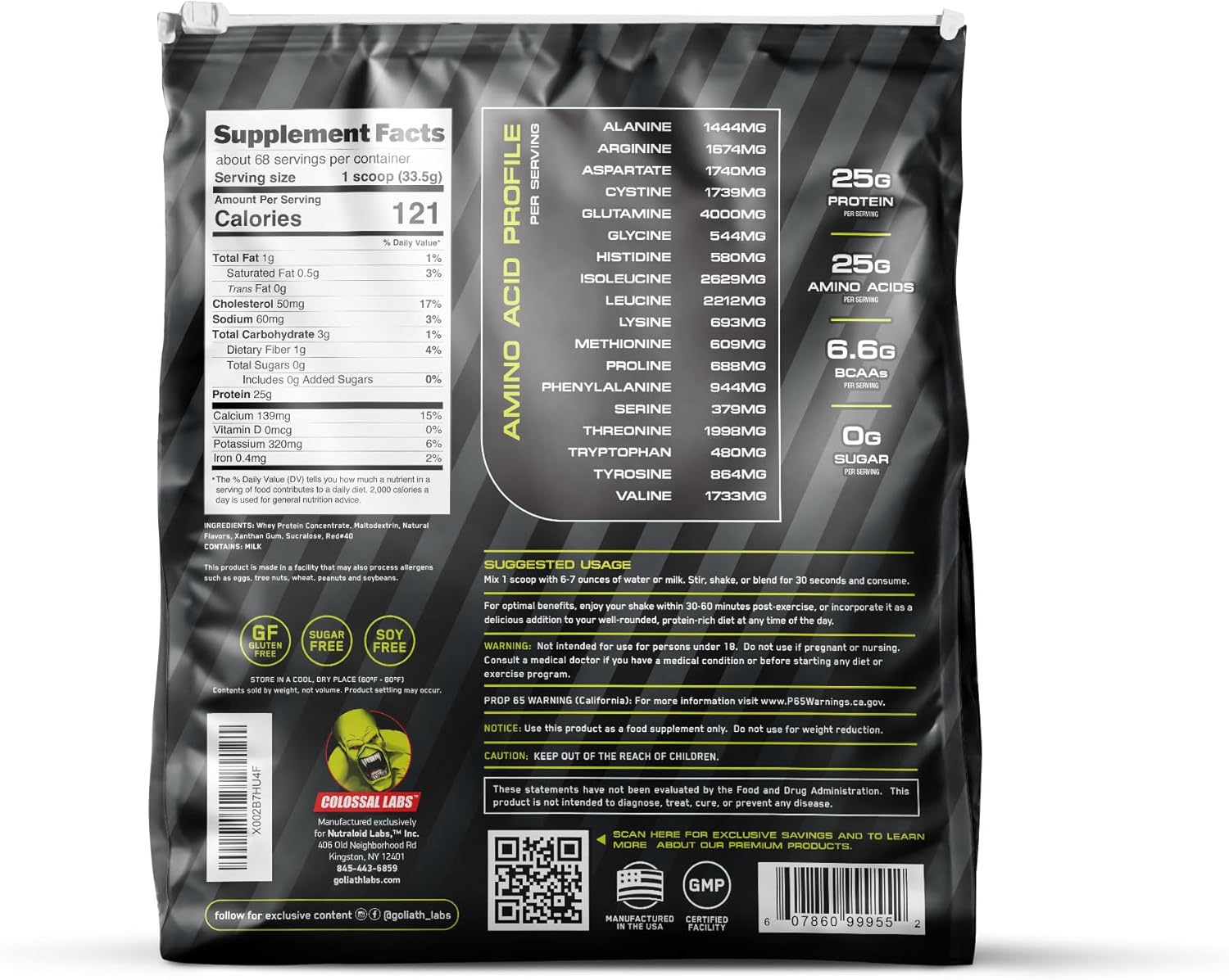 25g Pure Protein Whey Powder - Cookies n Cream Flavor - Cold Filtered - 6.6g BCAAs - 20 lbs Pack - COLOSSAL LABS