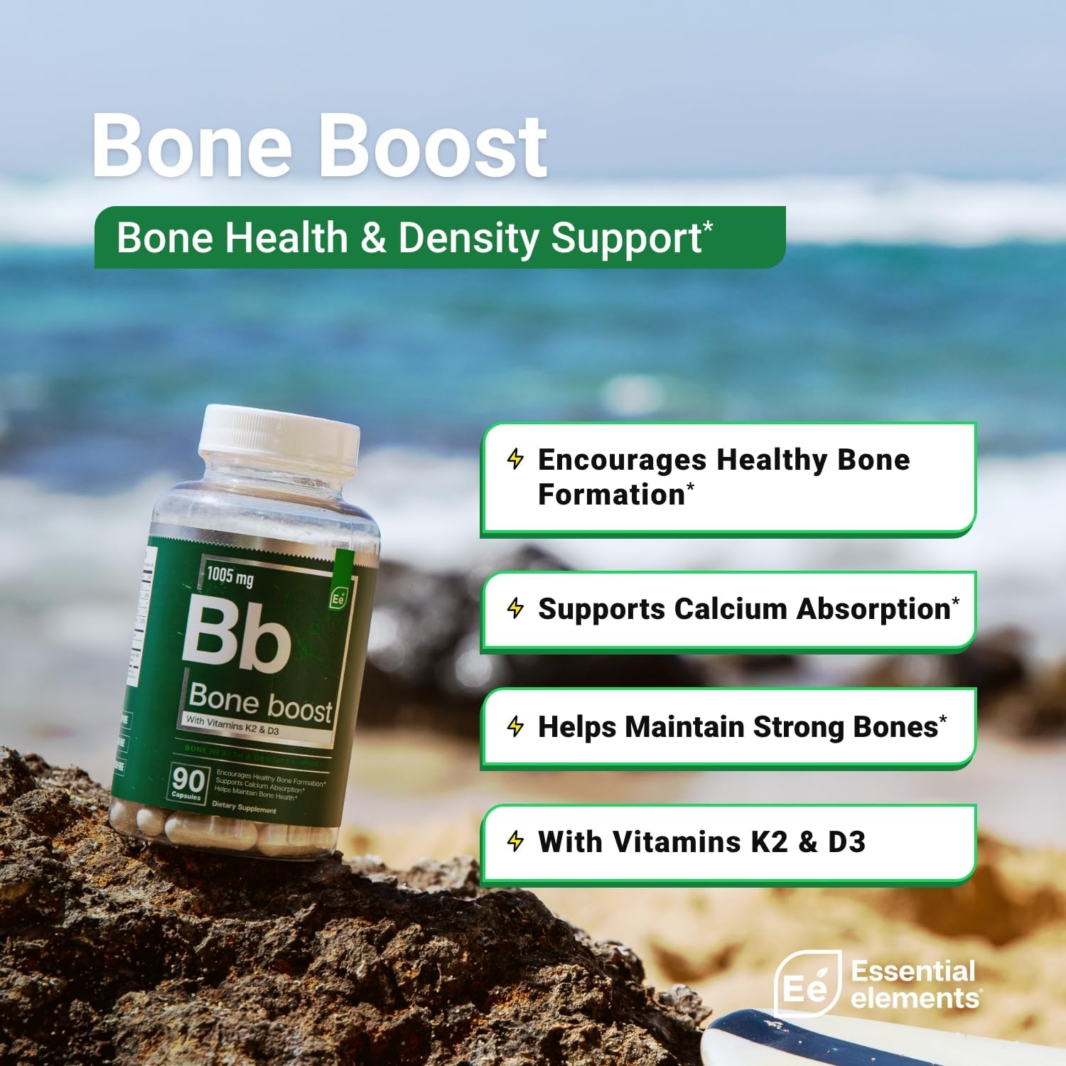 270 Capsules Essential Elements Bone Boost Bone Health Supplement with Vitamin D3, K2, and Cissus Quadrangularis for Bone Strength - 90 Day Supply - Pack of 3