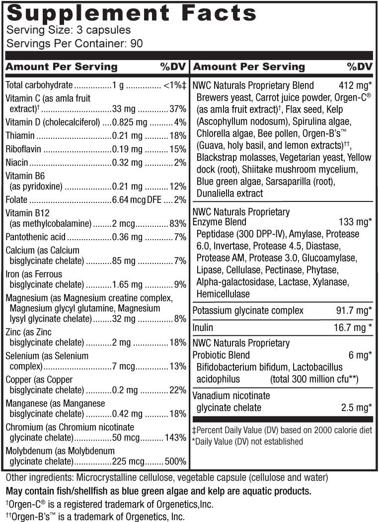 270 Capsules NWC Naturals Total-Nutrition Multivitamin with Enzymes, Prebiotics & Probiotics - Vegetarian Whole Food Vitamins for Men & Women
