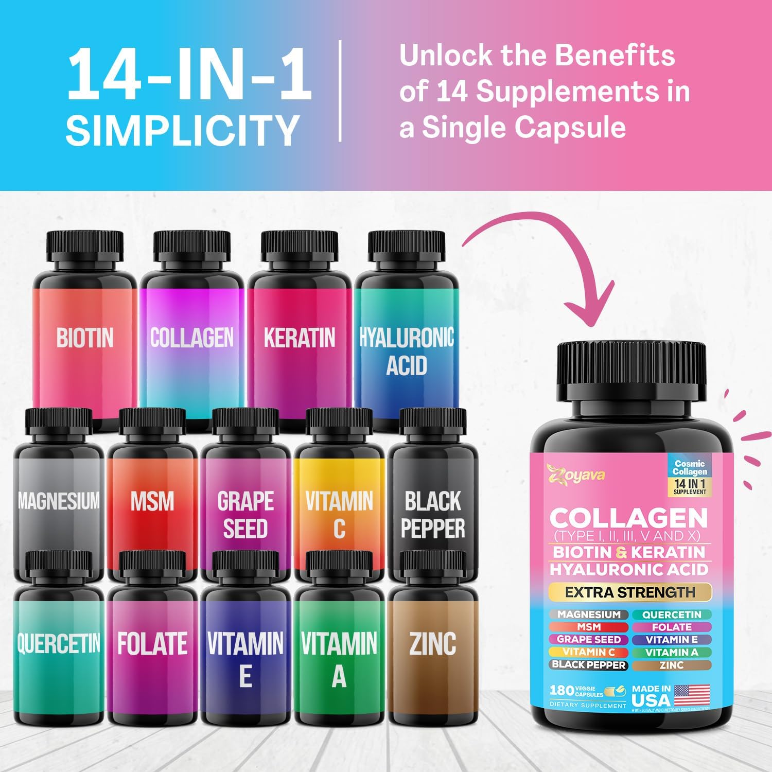 270 Capsules Zoyava Collagen Peptides with Biotin, Hyaluronic Acid, and Vitamins - Multi-Type Collagen Supplement with Essential Nutrients