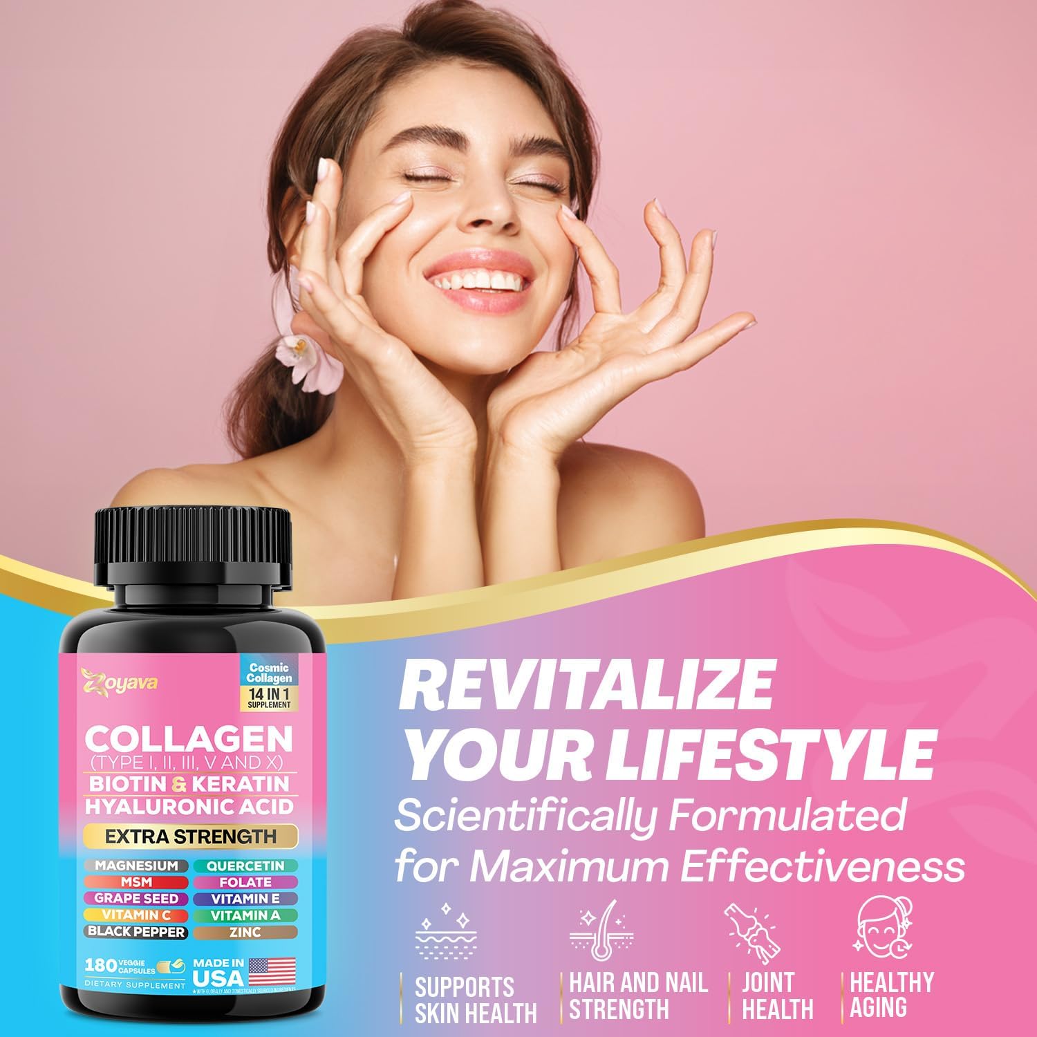 270 Capsules Zoyava Collagen Peptides with Biotin, Hyaluronic Acid, and Vitamins - Multi-Type Collagen Supplement with Essential Nutrients