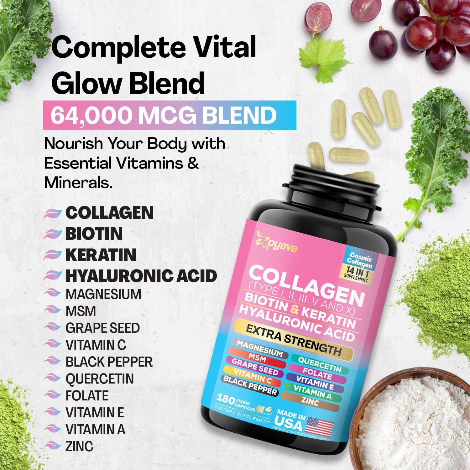 270 Capsules Zoyava Collagen Peptides with Biotin, Hyaluronic Acid, and Vitamins - Multi-Type Collagen Supplement with Essential Nutrients