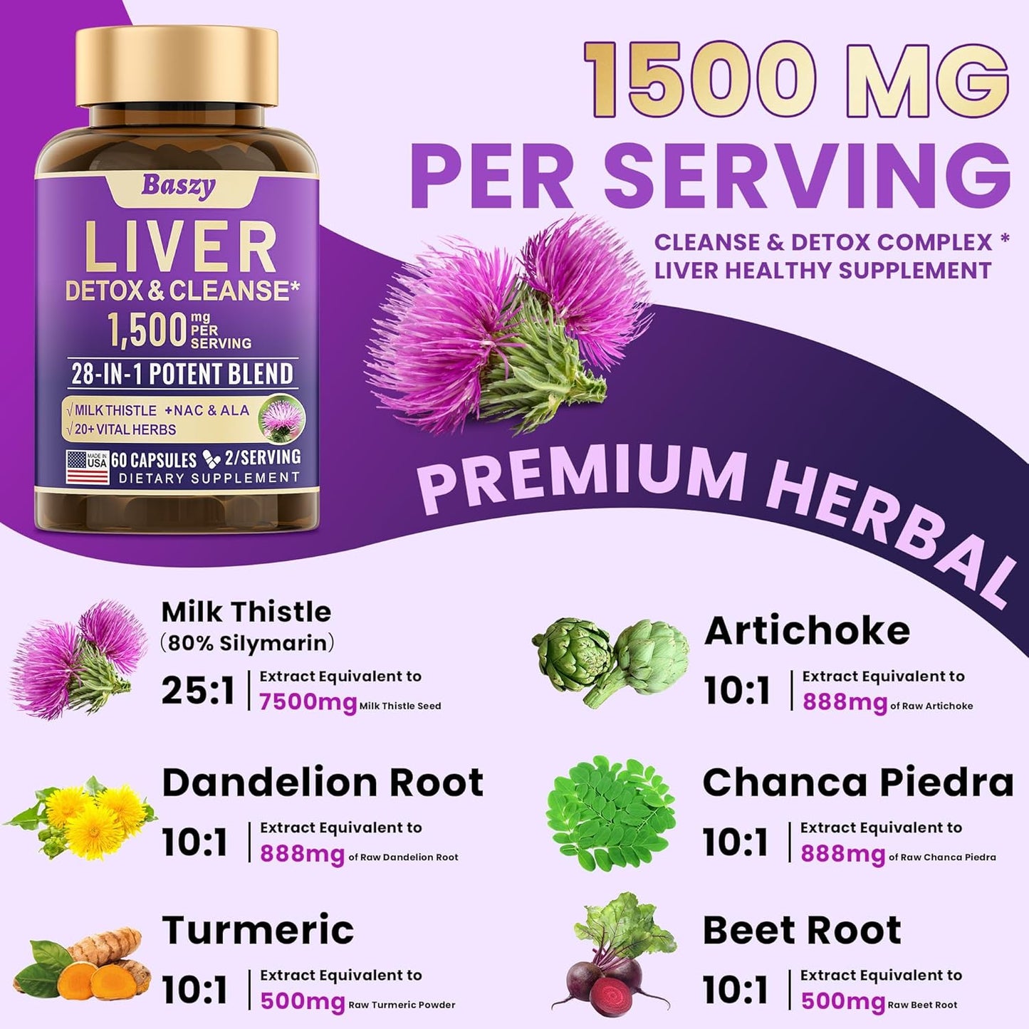 28-in-1 Liver Cleanse Detox & Repair Supplement - 1500mg Liver Health Support with Milk Thistle, Dandelion Root, Artichoke Extract, and More - USA-Made Liver Support - 60 Capsules