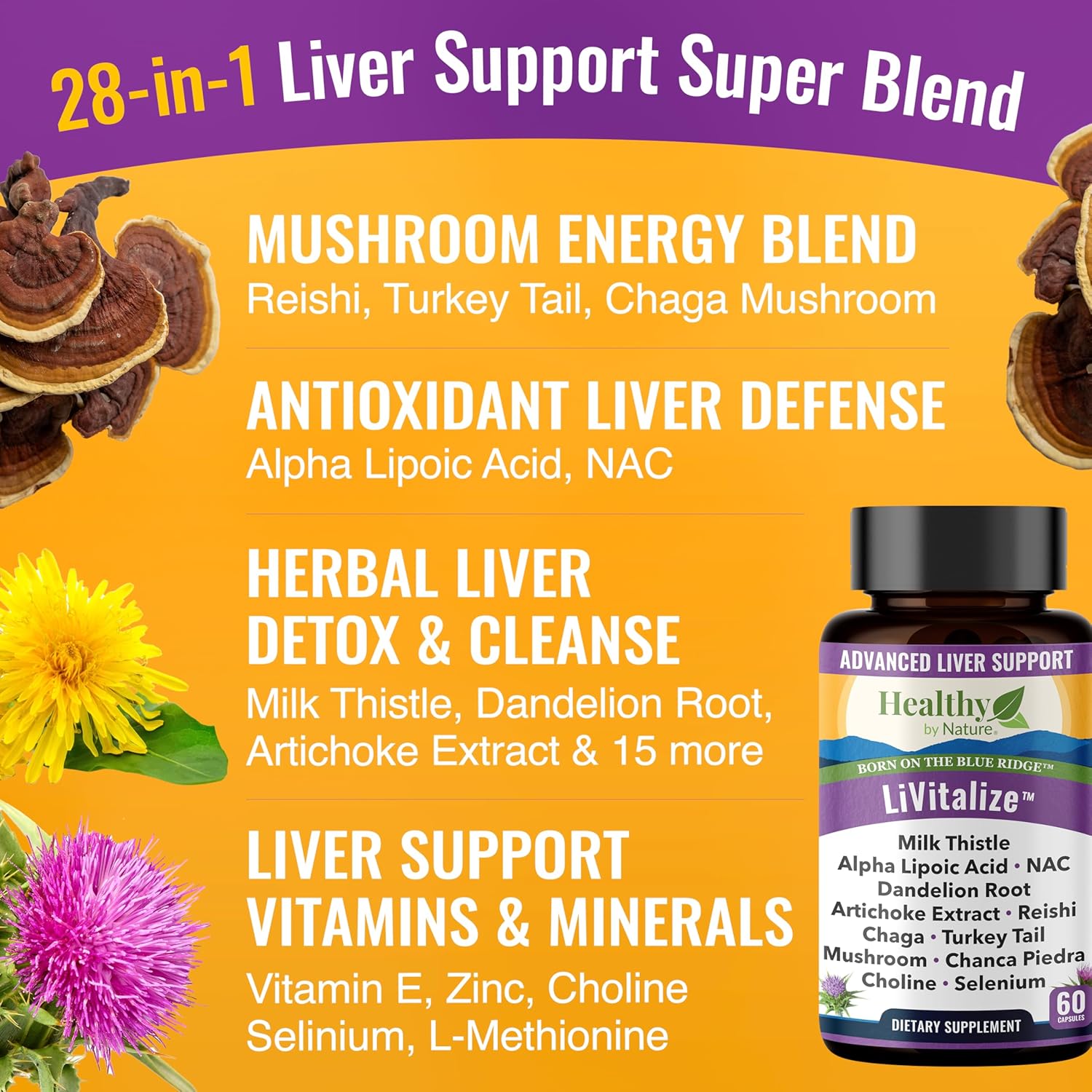 28-in-1 Liver Support Supplement with Milk Thistle, Dandelion Root, NAC, Artichoke Extract, Reishi, Chaga, and Turkey Tail Mushroom - Liver Cleanse & Detox Formula (2 Pack)