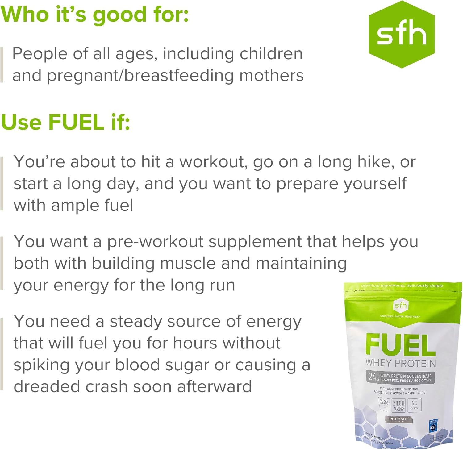 2lb Bag of SFH Fuel Whey Protein Powder - Grass Fed, Great Tasting, Energy-Boosting with MCTs & Fiber - All Natural, Soy & Gluten Free, No RBST, No Artificial Flavors - Coconut Flavor