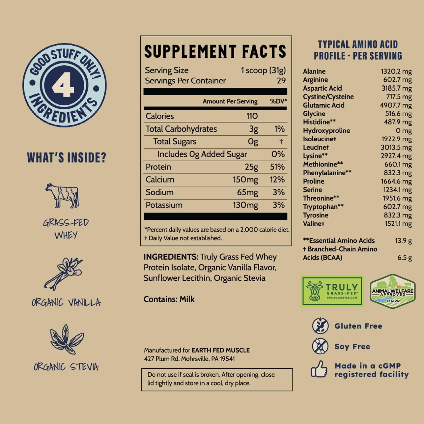 2lb Earth Fed Muscle Vanilla Grass-Fed Whey Protein - No Fillers, Flow Agents, Soy, GMOs, Hormones - Pure Whey