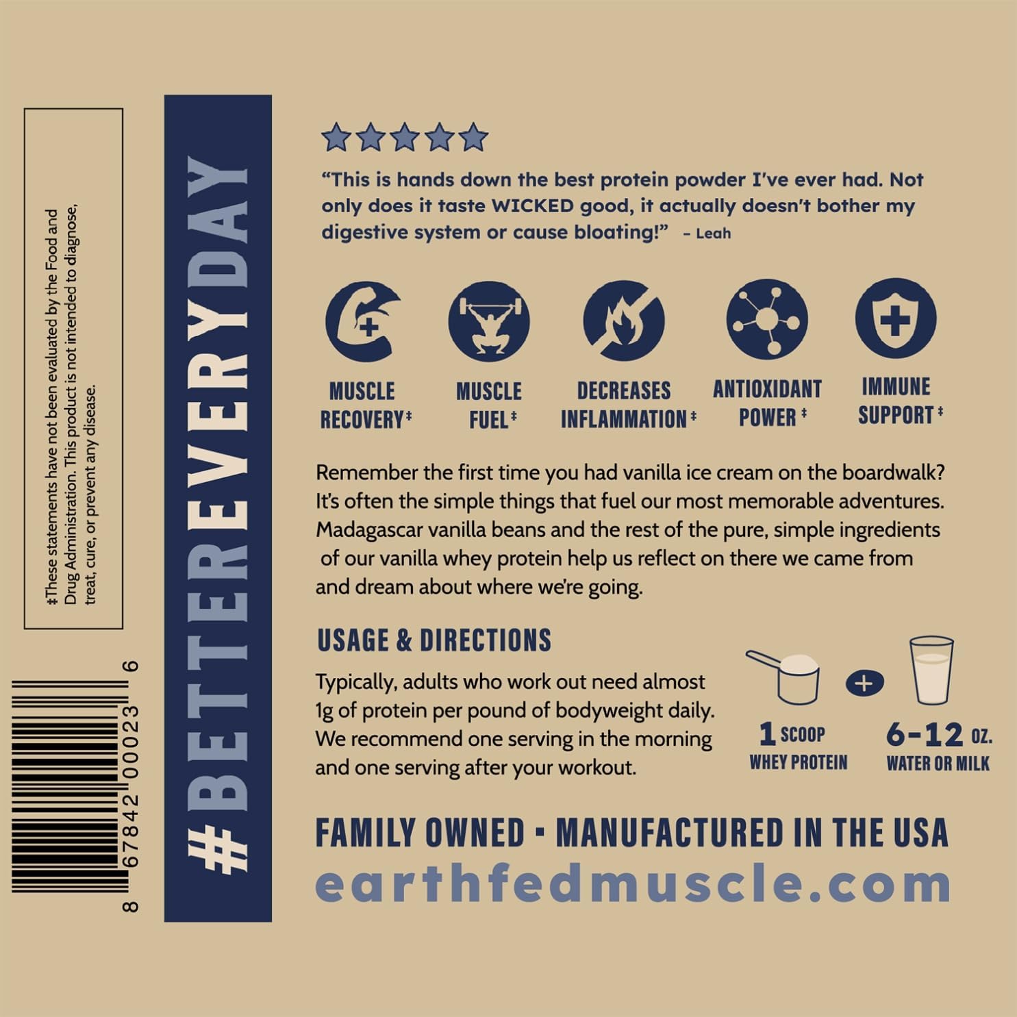 2lb Earth Fed Muscle Vanilla Grass-Fed Whey Protein - No Fillers, Flow Agents, Soy, GMOs, Hormones - Pure Whey