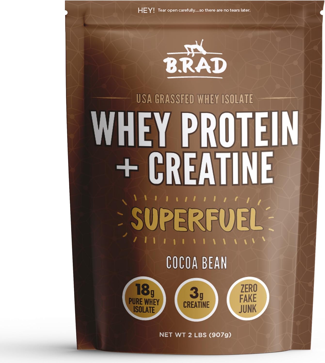 2lb Grass-Fed Whey Protein Isolate Powder with Creatine - All-Natural Cocoa Bean Flavor - Made in USA - Ultra-Pure Formula
