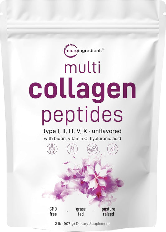 2lb Multi Collagen Protein Powder with Biotin, Hyaluronic Acid, Vitamin C - Hydrolyzed Peptides Type I,II,III,V,X - Unflavored - Keto & Paleo - Non-GMO - Easy Dissolve