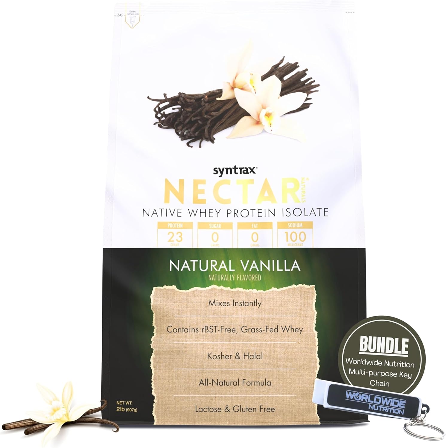 2lb Nectar Naturals Vanilla Whey Protein Powder Bundle with Free Worldwide Nutrition Keychain - Lactose & Gluten-Free